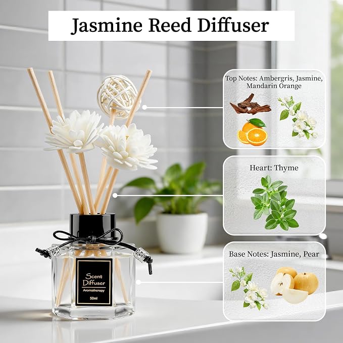 TonJin 2PCS Jasmine Reed Diffuser Set 1.7 fl oz with 6 Scent Sticks, Exotic Floral Home Fragrance, Natural Scented Oil Sticks for Bathroom, Living Room & Bedroom | Non-Toxic Air Freshener