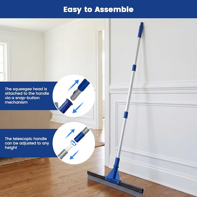Floor Squeegee for Concrete Floor, 18" Large Heavy Duty Squeegee for Floor, Rubber Broom with 60" Long Handle for Garage Concrete Bathroom Kitchen Pool Glass Window