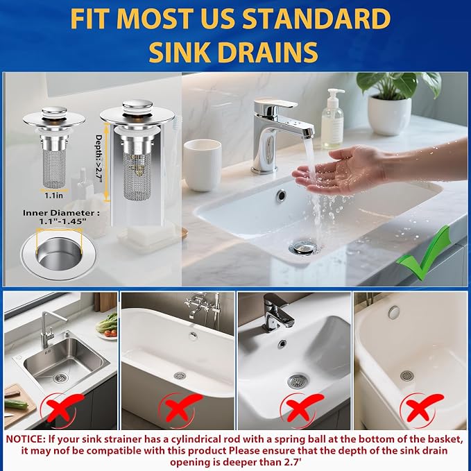 Bathroom Sink Drain Strainer, Pop-Up Bathroom Sink Stopper with Removable Stainless Steel Hair Catcher Basket, Universal Fit for US Bathroom Sinks, Showers & Floor Drains (3pcs)
