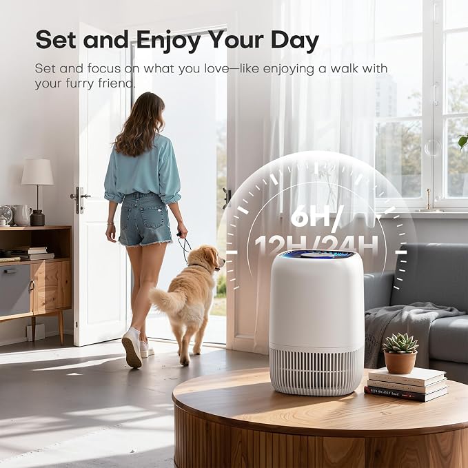 Air Purifiers for Home with High Efficiency Filter Up to 1076 Ft² for Pet Hair, Odors, Pollen, Smoke, Compact Air Cleaner with 3 Speeds, Timer, Aroma Quiet 360°Intake Filter, White