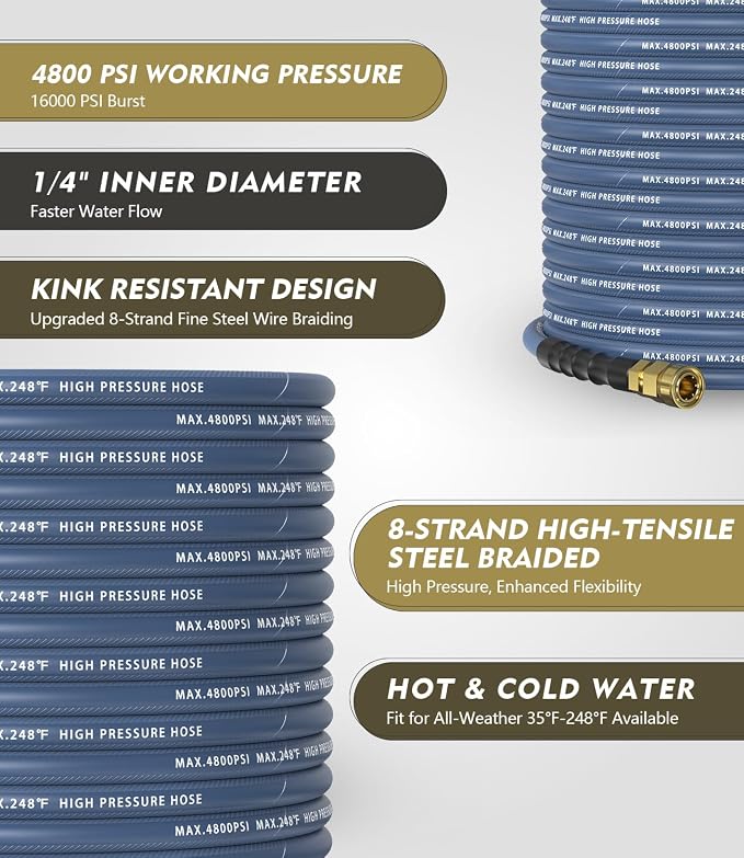 Pressure Washer Gun and Hose Kit, 4800PSI Steel-Braided & Durable - Flexible & Kink-Resistant Power Washer Hose 25 FT with 3/8" Swivel Quick Connector and M22 14mm Adapters Replacement