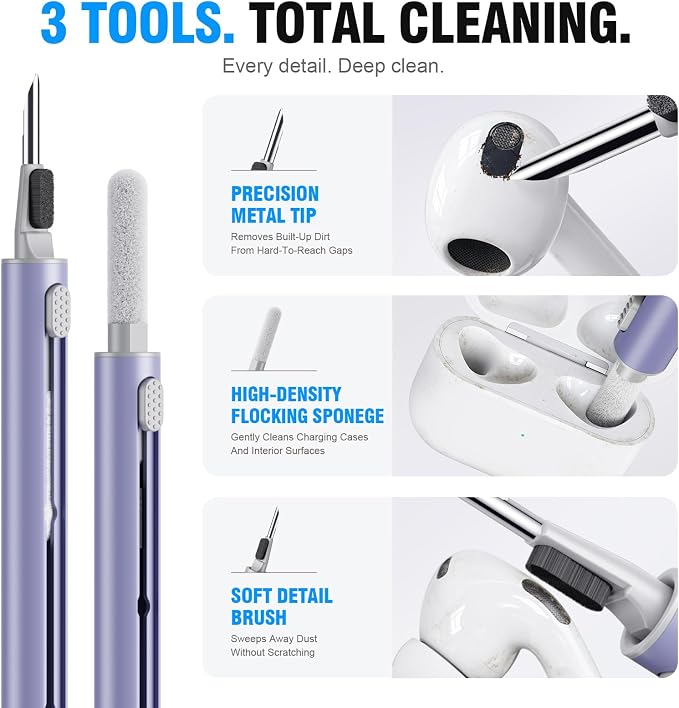 Hyashee Cleaner Kit for Airpods Pro 1 2 3 Multi-Function Cleaning Pen with Soft Brush Flocking Sponge for Bluetooth Earphones Case Cleaning Tools (Lavender Purple)