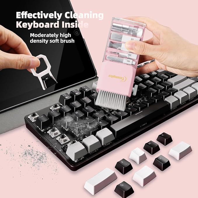 Keyboard Cleaning Kit, All-in-One Laptop & Computer Screen Cleaner, Pink | Multi-function Electronic Cleaner, Soft Bristle Brush, Computer Screen-safe Spray, Compact, for MacBook, iPad, iPhone, earbud