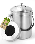 Countertop Compost Bin Kitchen Stainless Steel 1.3 Gallon | With Lid, 2 Charcoal Filter for Odorless Composting, SOFT-GRIP Handle