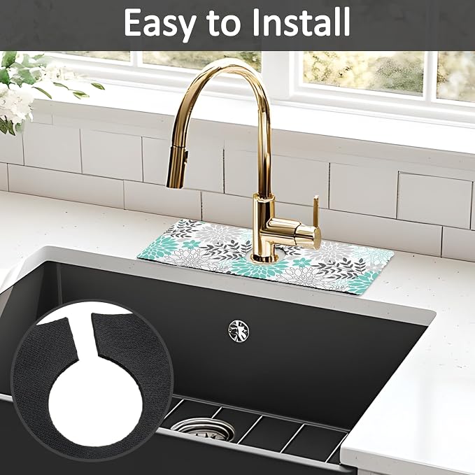 15" X 5.5" Kitchen Sink Splash Guard Faucet Mat Floral Super Absorbent Fast Drying Faucet Guard & Draining Mat Sink Splash Guard Behind Faucet for Kitchen, Bathroom