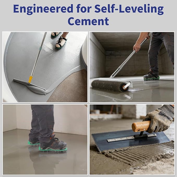 Self Leveling Concrete Tools, Spiked Roller for Self Leveling | with Adjustable 5.1ft Pole, Garage Floor Epoxy Kit with Cement Leveling Rake, Spike Shoes for Epoxy Flooring