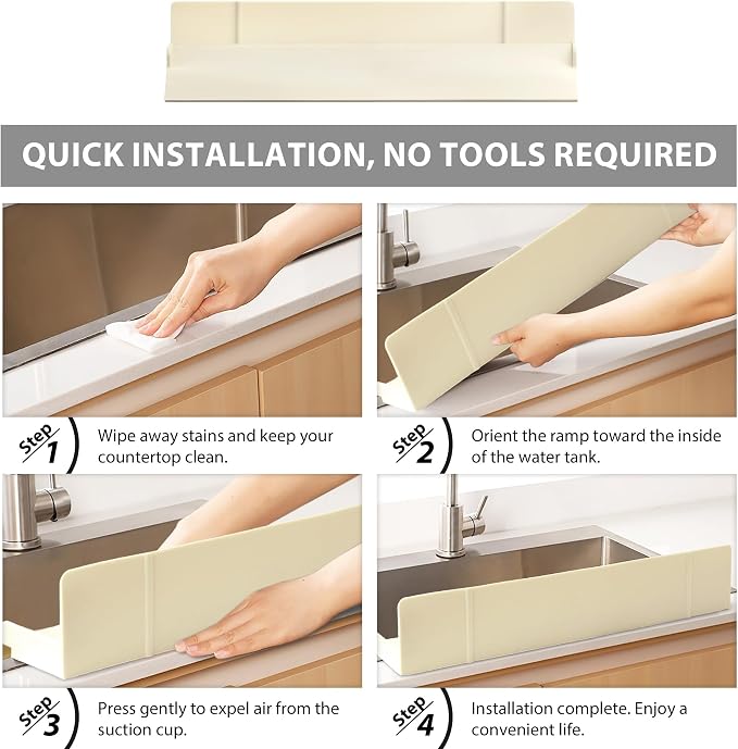 Full-Coverage Sink Splash Guard – 17.7 Inch Extra-High Ramp with Super Strong Suction Cups, Silicone Sink Splash Guard with Front-Edge Storage for Kitchen (White, 17.7''x4.7''x2.8')