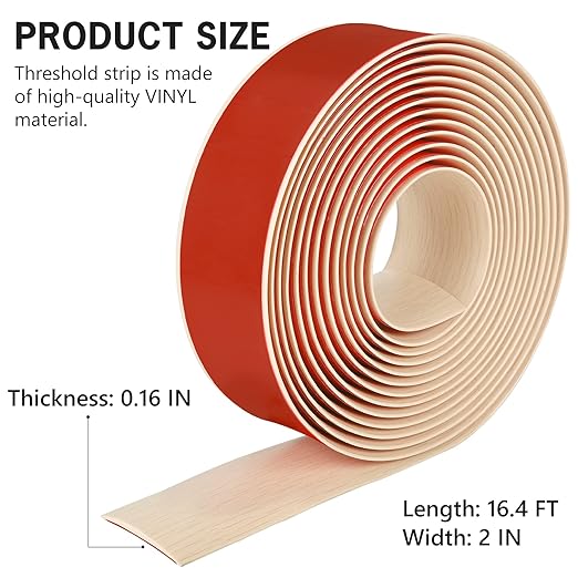 16.4Ft Floor Transition Strip Self Adhesive Vinyl Cover Floor Strip Flat Divider Transition Strip Wood Grain Design for Laminate Floor Gaps and Doorway Transitions (16.4Ft x 2 Inch, Beige)