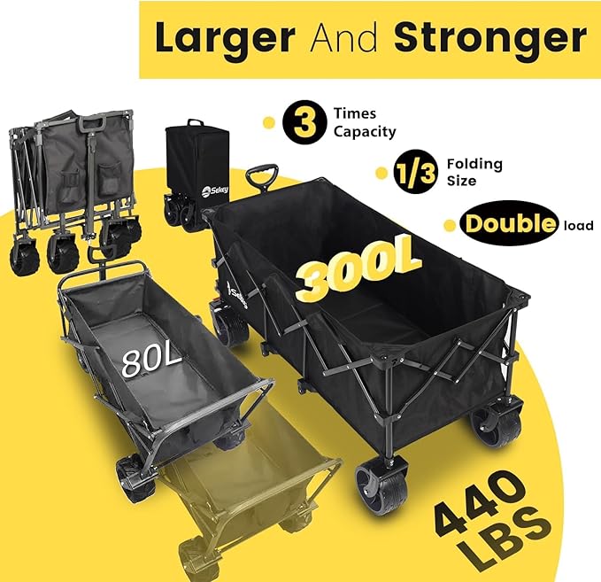 Sekey 48''L Collapsible Foldable Extended Wagon with 440lbs Weight Capacity, Heavy Duty 300L Folding Utility Garden Cart with Big All-Terrain Beach Wheels & Drink Holders. Black