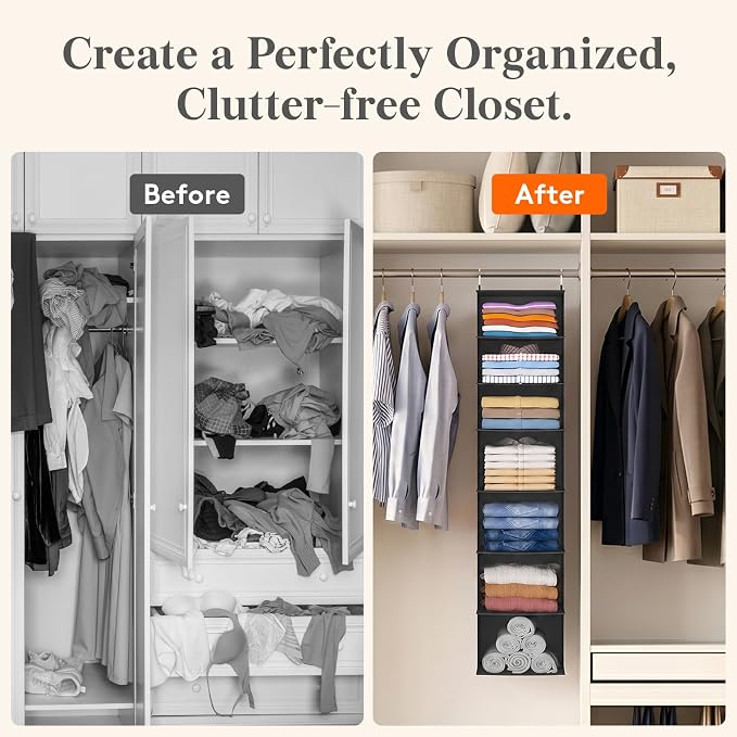 Lifewit 7 Tier Hanging Portable Closet Storage Organizer for Shelves, Gray | Foldable Clothes Shelf with 2 Sturdy Hooks, Sweater/Coat/Shoes Clothing Organization for Wardrobe, Dorm, Bedroom