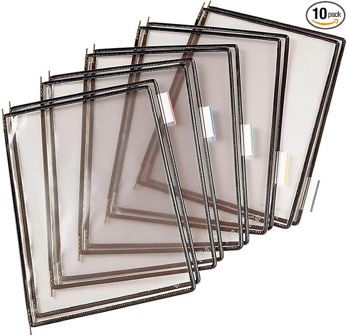 Tarifold Replacement Pivoting Pockets, Letter Size, Black, 10 Pack | 10 non-glare wire-reinforced PVC pockets hold 20 letter-size sheets, snap-on index tabs included, top-loading