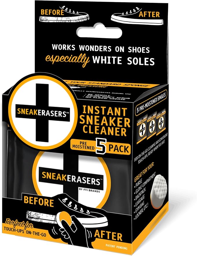 SneakERASERS Instant Shoe Cleaner Pre-Moistened Sponge, 3 Pack | Effective for White Sneakers, Tennis Shoes, Portable Shoe Cleaning Kit, Instant Sneaker Cleaner