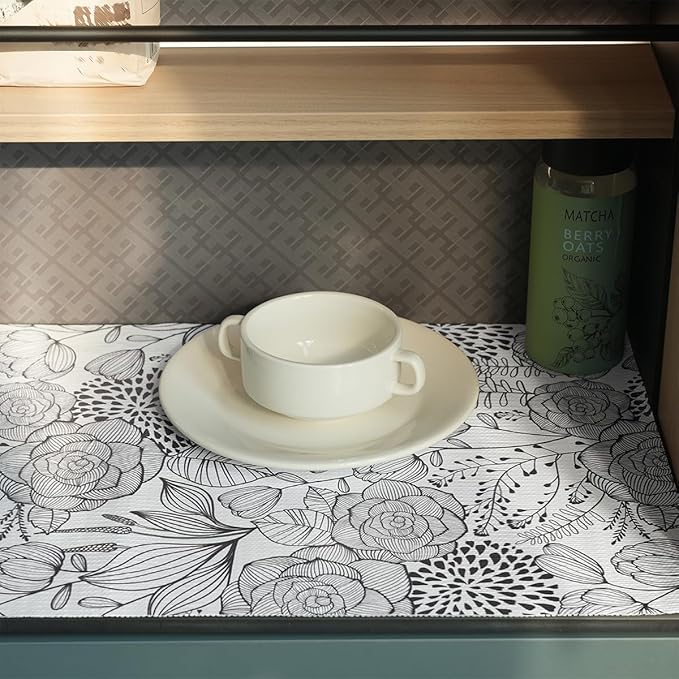 Floral Drawer and Shelf Liner for Kitchen 16IN x 20FT, Non-Adhesive and Strong Non-Slip Cabinet Drawer Liners, Waterproof Thickened Shelf Liner,Easy to Clean,Black and White