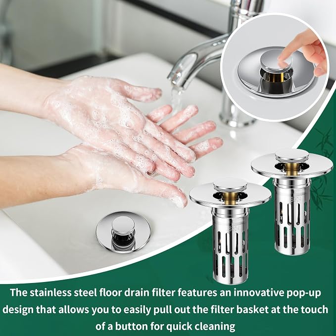 Vodolo 3 in 1 Sink Drain Strainer with Hair Catcher,8PCS Stainless Steel Popup Sink Stopper with Basket for Bathroom Kitchen Shower,Pop-up Bounce Core Floor Basin Drain Filter,Replacement Sink Plug