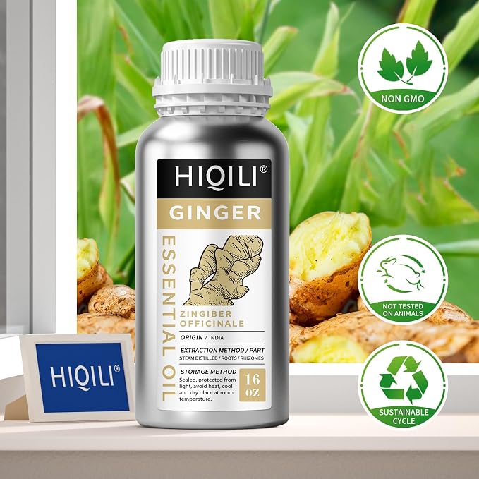 HIQILI Ginger Oil for Hair, Massage & Skin | Large Bottle for Extended Use, Body & Scalp, Soothes Tired Muscles after Activity, DIY Blends & Diffuser - 500mL / 16 fl oz