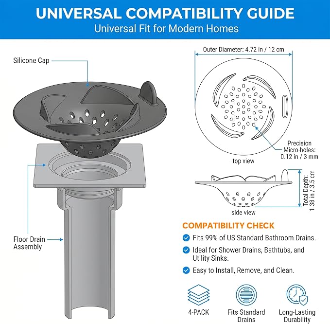 Li&Zhao 4 Pack Sink Drain Strainer Set – Vortex-Flow Silicone Bathroom Sink Strainer for Kitchen and Bathroom Drains, Universal Anti-Clog Hair Catcher and Food Trap, Fits Most Standard Sinks