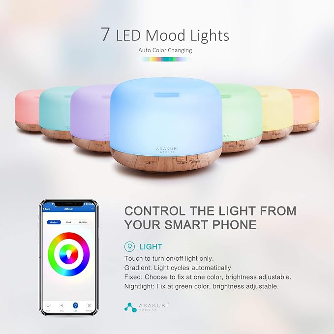 ASAKUKI Smart Wi-Fi Essential Oil Diffuser, 500ml App Control Humidifier | Voice Control Compatible with Alexa, Aromatherapy for Relaxing Atmosphere in Home Office Bedroom(Light Brown)