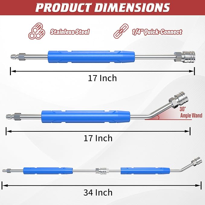 17 Inch Pressure Washer Extension Wand, 4000 PSI Stainless Steel | Power Washer Lance with Non-Slip Grip, 30° Curved & Straight Wand Set, 1/4" Quick Connect Car Wash Wand, 2 Pack
