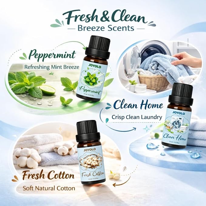 Essential Oil Diffuser & Essential Oils Set, Aromatherapy Diffuser with 7 LED Colors, 6 Oils Gift Pack (Clean Home, Peppermint, Blossom Soapy, Soft Powder, Fresh Cotton, Fresh Linen)