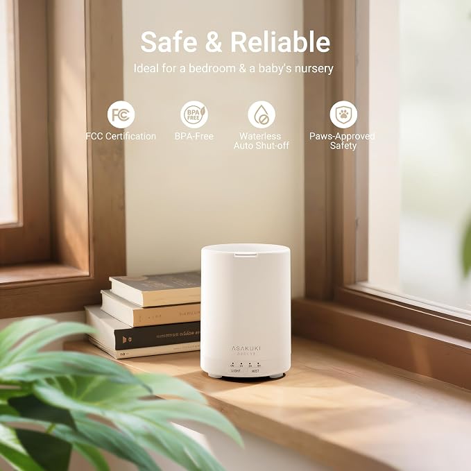ASAKUKI Essential Oil Diffuser for Home 300 ml Quiet | Automatic Shut-Off, Aromatherapy Diffuser, 7 LED Lights for Living Room, Kitchen, Bedroom, Hotel - Pure White