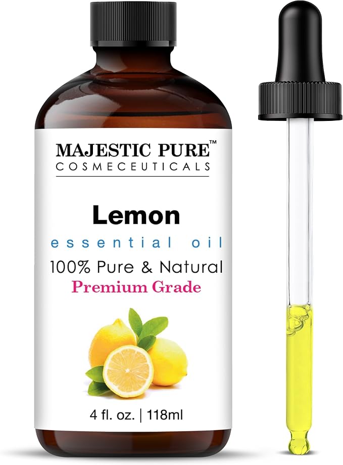Majestic Pure Lemon Essential Oil for Diffuser - 4 Fl Oz | 100% Pure & Natural Ideal for diffuser use, aromatherapy, massage, soap making, candle making home fragrance