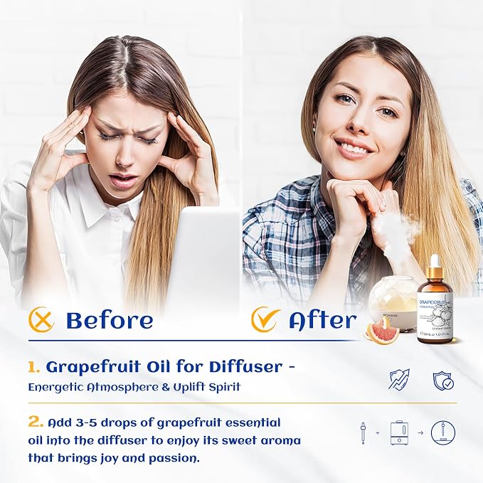 HIQILI Grapefruit Essential Oil for Skin Care, Diffuser and Aromatherapy | Fresh Citrus Aroma, Ideal for Daytime Diffusion, Nighttime Massage, DIY and Daily Home Fragrance —30mL / 1.01 fl oz