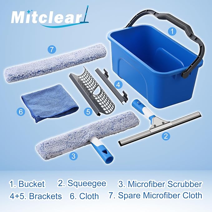 Window Cleaning Kit with Bucket 3 Gallon for Home Outdoor Car | Professional Window Washing Equipment, 14'' Silicone Squeegee, 14'' Microfiber Scrubber, Cloth, Commercial Use