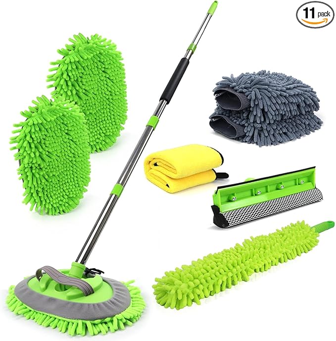HITJOY 62'' Car Wash Brush with Long Handle, 11Pcs Car Wash Kits | Car Cleaning Kits, Windshield Window Squeegee, Car Duster Microfiber Towel Gloves for Cars, RV, SUV, Truck