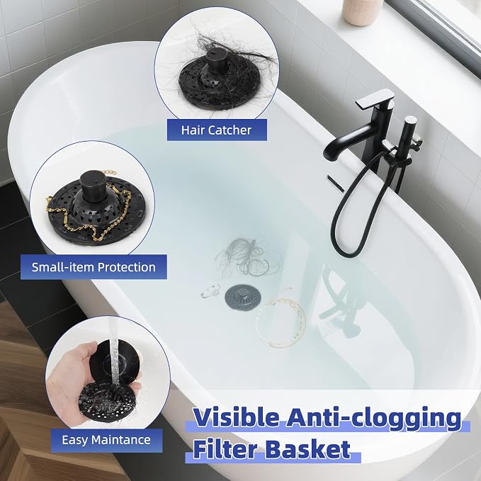 Universal Bathtub Drain Stopper Shower Drain Hair Catcher, Tub Stopper with Visible Top Strainer, Upgraded 3 in 1 Pop-up Drain Plug Fit for 1.5 to 2.4" Hole, Stainless Filter Basket, Oil-Rubbed Bronze