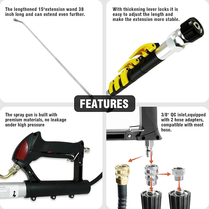 25 FT Pressure Washer Telescoping Wand with Extension Wands | Gutter Cleaner Attachment, 7 Spray Nozzle Tips, 2 Hose Inlet Adapters, Pivoting Coupler and Support Harness