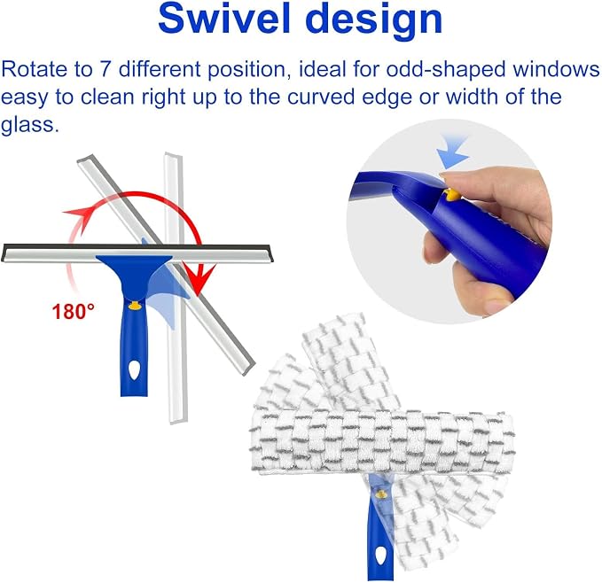 81" Window Squeegee Cleaner, Window Cleaning Tool Kit,12" Squeegee and 11" Microfiber Scrubber Combi with Stainless Steel Pole for Car,Sliding Door,Shower Glass Door-Swivel Style-2 Pads