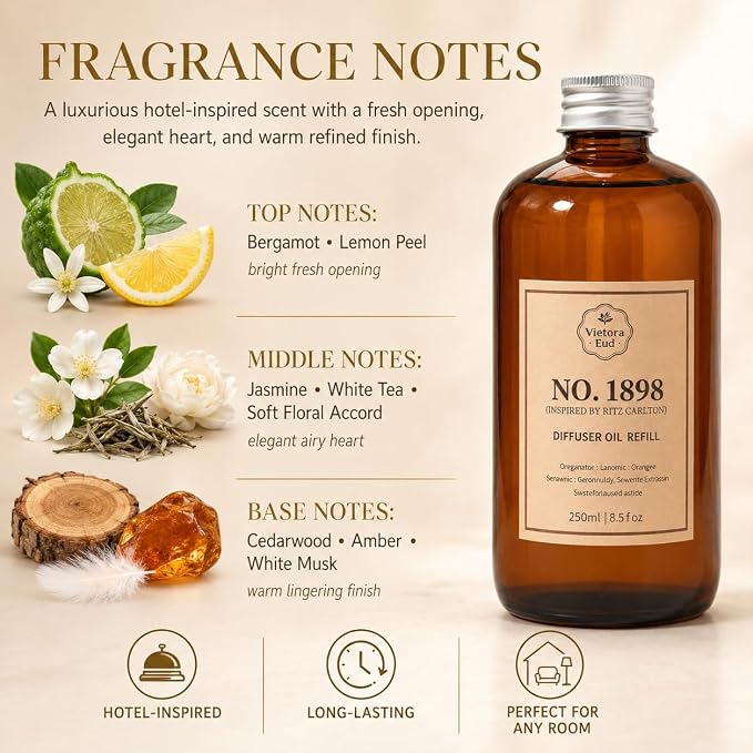 No. 1898 Diffuser Oil Refill Inspired by Ritz Carlton | Luxury Hotel-inspired, 8.5 Fl Oz for Reed diffusers, Room Sprays, Humidifier,Aroma Diffusers