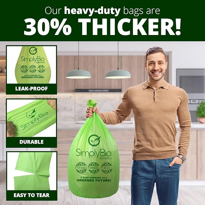 Simply Bio 13 Gallon Compostable Trash Bags Liners with Flat-Top, Thick 0.87 Mil, 49.21 Liter, 50 Bags, Tall Kitchen Food Scrap Waste Bag, ASTM D6400, US BPI and OK Compost Home Certified