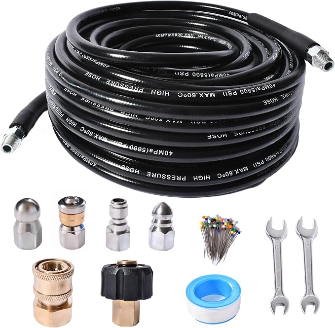 Sewer Jetter Kit for Pressure Washer 5800 PSI Drain Cleaner Hose 1/4 Female NPT,Button Nose,Pressure Washer Adapter,Button Hose Sewer Jetting Nozzle Pearl Corsage Pin Waterproof Tape with 2 Spanner
