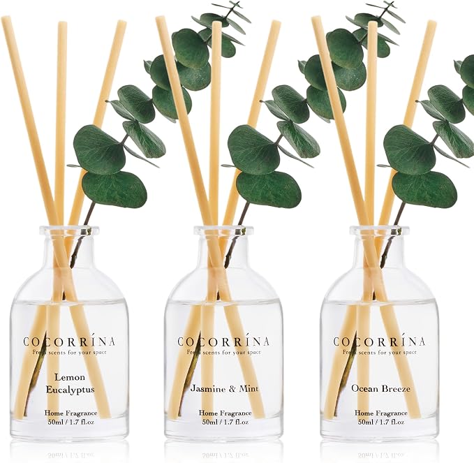 Reed Diffuser Set of 3 with Dried Eucalyptus for Home & Office | Lemon Eucalyptus/Jasmine & Mint/Ocean Breeze Scents, Aromatherapy Scented Oil Diffusers, 1.7 oz Each, Total 5.1 oz