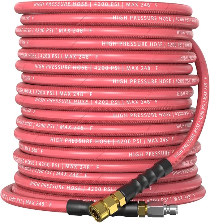 QC Installed Pressure Washer Hose 50 ft, 4200 PSI Flexible & Kink-Resistant, Steel-Braided & Durable, Power Washer Hose with 3/8" 360° Swivel Quick Connect, Hot/Cold Water Compatible, Red