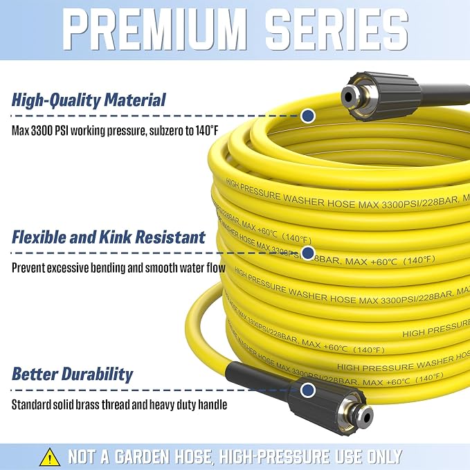 PVC Pressure Washer Hose 50 FT x 1/4", Kink Resistant Power Washer Hose, High Pressure Water Hose Extension Replacement for Home Use with M22-14mm Brass Fittings, 3300 PSI, Yellow