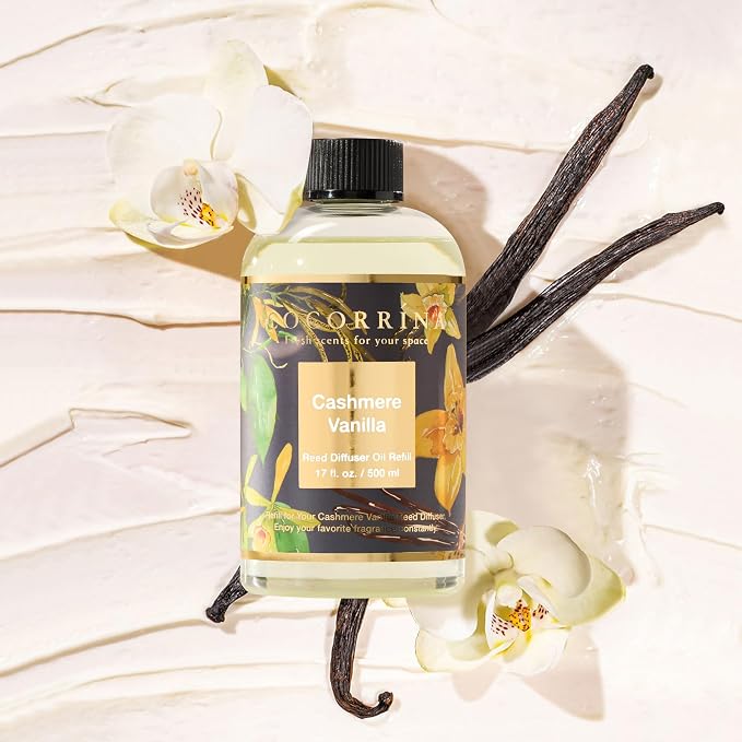 Reed Diffuser Refill Cashmere Vanilla 17oz (500ml) with 8 Rattan Sticks - Premium Long-Lasting Essential Oil, Home Fragrance for Bedroom, Bathroom Home Decor