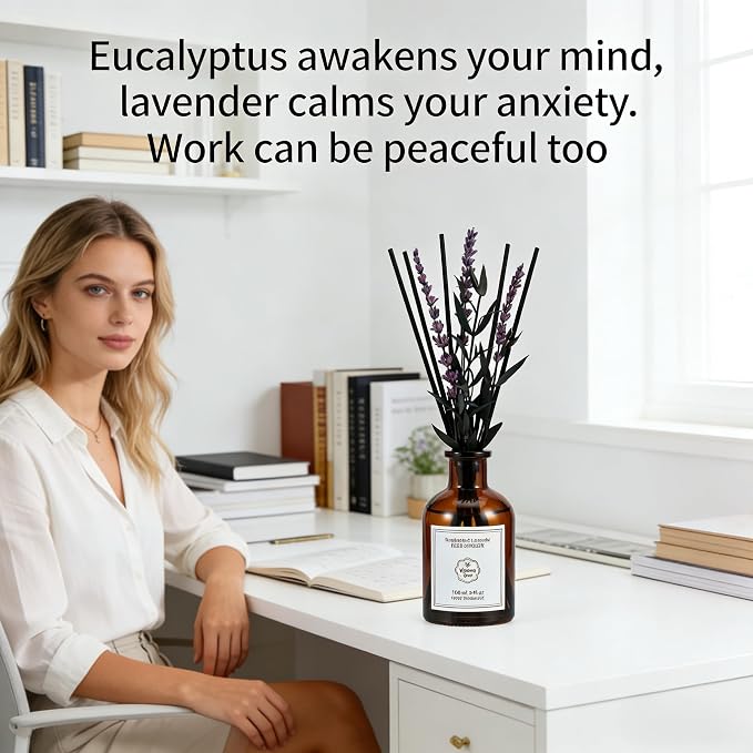 Eucalyptus & Lavender Reed Diffuser, 3.34 Fl Oz | Calming Scent; Long-lasting for 12 Weeks for Bedroom, Bathroom, Living Room or Office; Gift-ready.