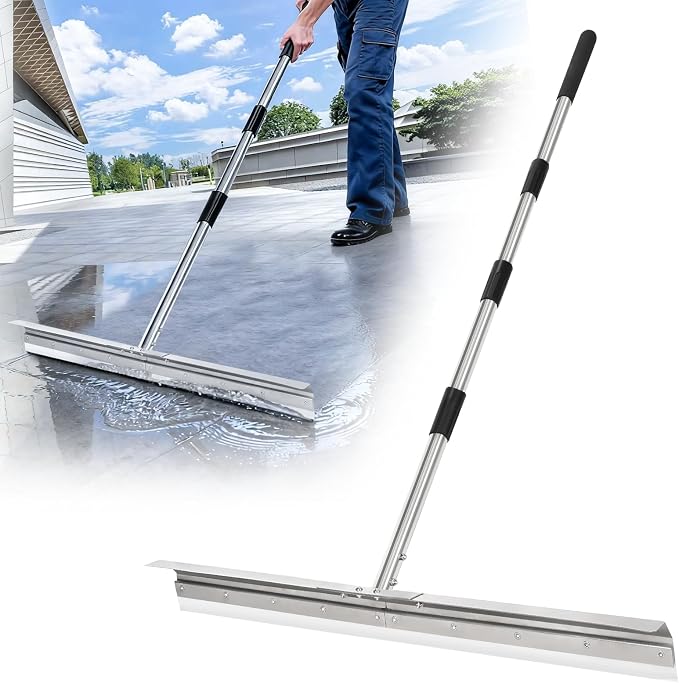 Heavy-Duty 33.4" Floor Squeegee for Concrete, Industrial Silicone Blade Squeegee for Floor with 63" Stainless Handle, Anti-Splash Curved Baffle Design for Garage, Factory, and Tough Cleaning Jobs