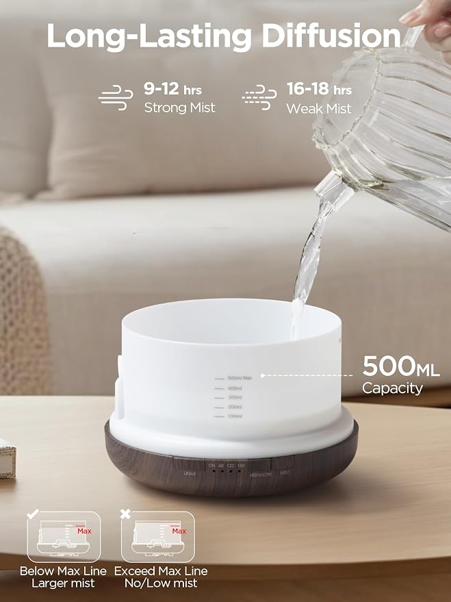 InnoGear 500ml Aromatherapy Diffuser for Home 10 Essential Oil Set, Brown | Gift Set, Remote Control, Automatic Shut-Off, 4 Timers, Quiet, Run up to 18hrs, Cool Mist Humidifier, Large Room, Easy to Use