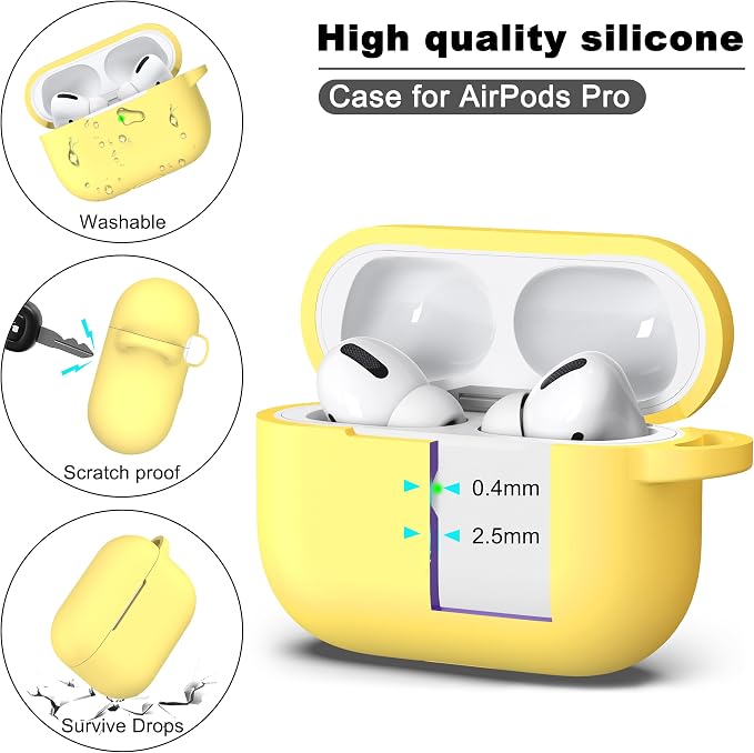 R-fun for AirPods Pro 2 Case, Soft Silicone Protective Cover with Keychain and Cleaning Pen, Compatible with AirPods Pro 2nd/1st Generation, Supports Wireless Charging, Yellow