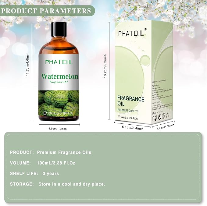 PHATOIL Watermelon Fragrance Oil for Diffuser Aromatherapy 3.38FL.OZ | Long Lasting Scented Oils For Humidifier, Air Freshener, DIY Soap Candle, Scent Project Making, Aroma Oil for Home Freshening