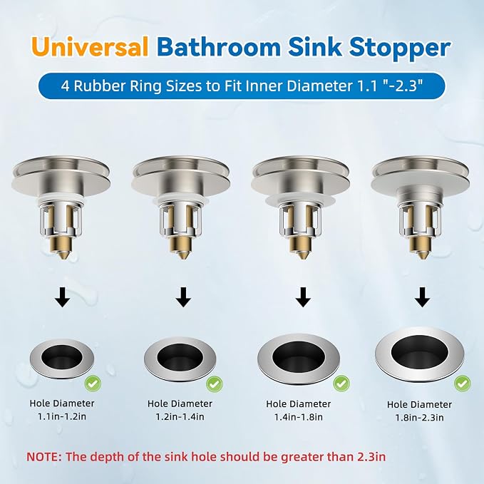 2 Pack Universal Metal Bathroom Sink Stopper, Hair Catcher, Brushed Nickel | Pop-Up Sink Drain Strainer with Detachable Filter, Drain Plug Fits 1.1"-2.36" US Basin, Large Cover Cap, Brass Bounce Core