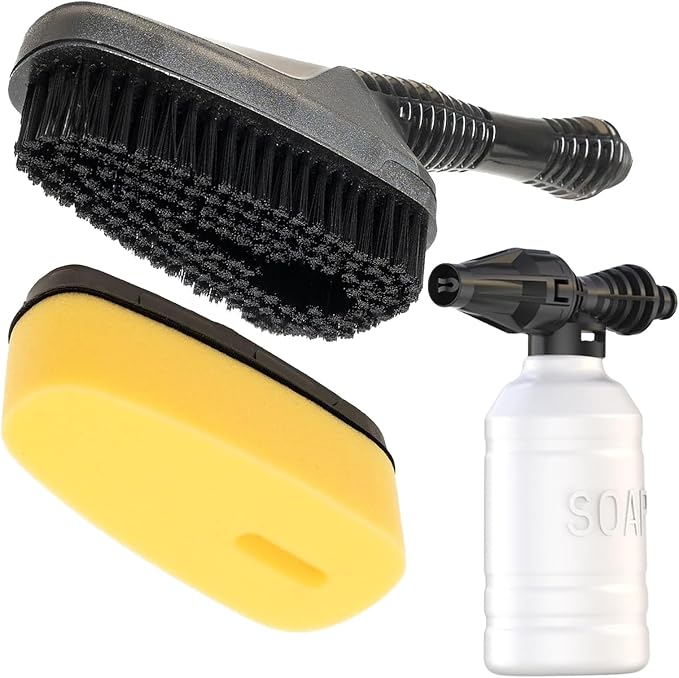 Magnetic Attachment Cleaning Kit for Portable Pressure Washers Includes Foam Sponge Head, Stiff Bristle Brush, Soap Dispenser and Quick-Connect Adapter for Car, Outdoor & Home Use