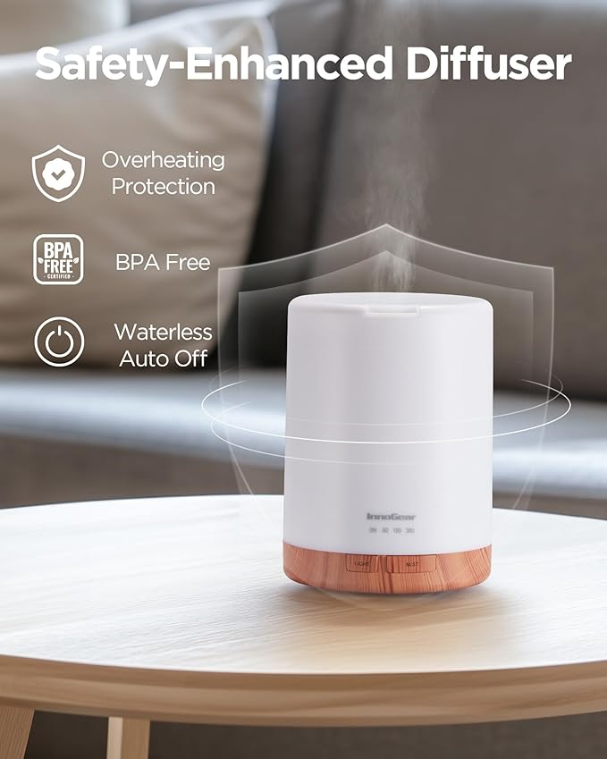 InnoGear 300ml Essential Oil Diffuser for Home Scent Humidifier, Yellow | Aromatherapy, Cool Mist Humidifier, Ultrasonic, Large Room, Run up to 10hrs, Waterless Auto Off, 7 LED Lights, Quiet