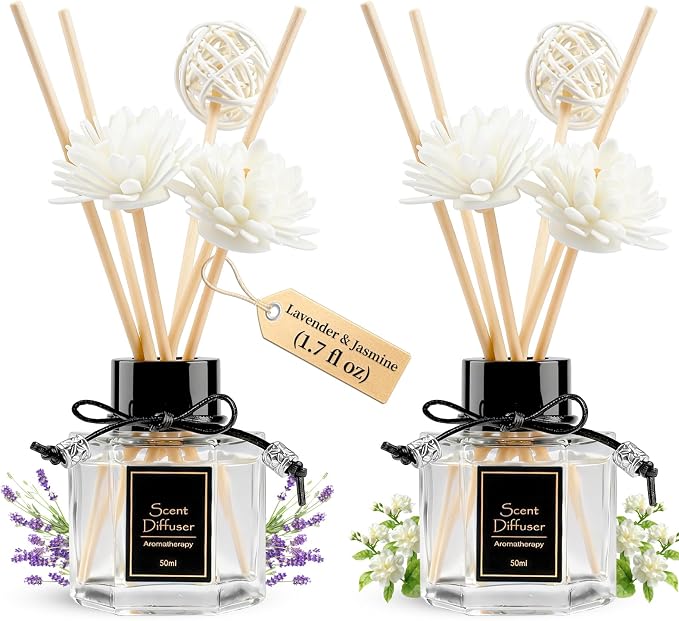 Lavender & Jasmine Reed Diffuser Set of 2 for Bathroom, Essential Oil Diffuser Sticks | Home Air Freshener Fragrance with 6 Reeds for Diffuser | Smell Good for Home Shelf Decor (1.7 fl oz x 2)