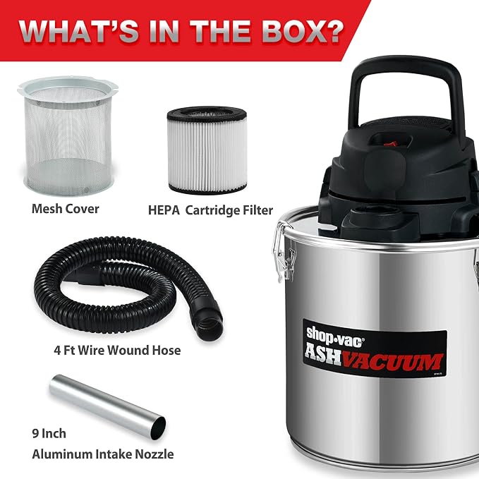 Shop-Vac 4 Gallon 2.0 Peak HP Ash Vacuum,7 Amps with HEPA Filter, 4040988 | Ash Vac Cleaner with HEPA Filter, Hose and Accessories for Fireplaces, Wood Stoves, Pellet Stoves and BBQ Grills