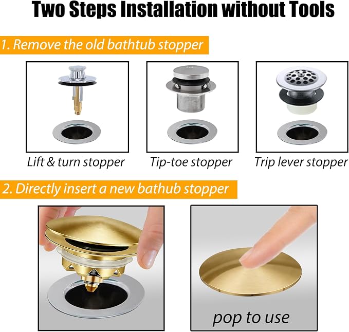 Anlige Bathtub Drain Stopper, Pop Up Tub Stopper and Cover, Bottom with Hair Catcher, Universal for 1.45 in to 1.8 in Drain, Replaces Old Drain Plug, Brushed Gold