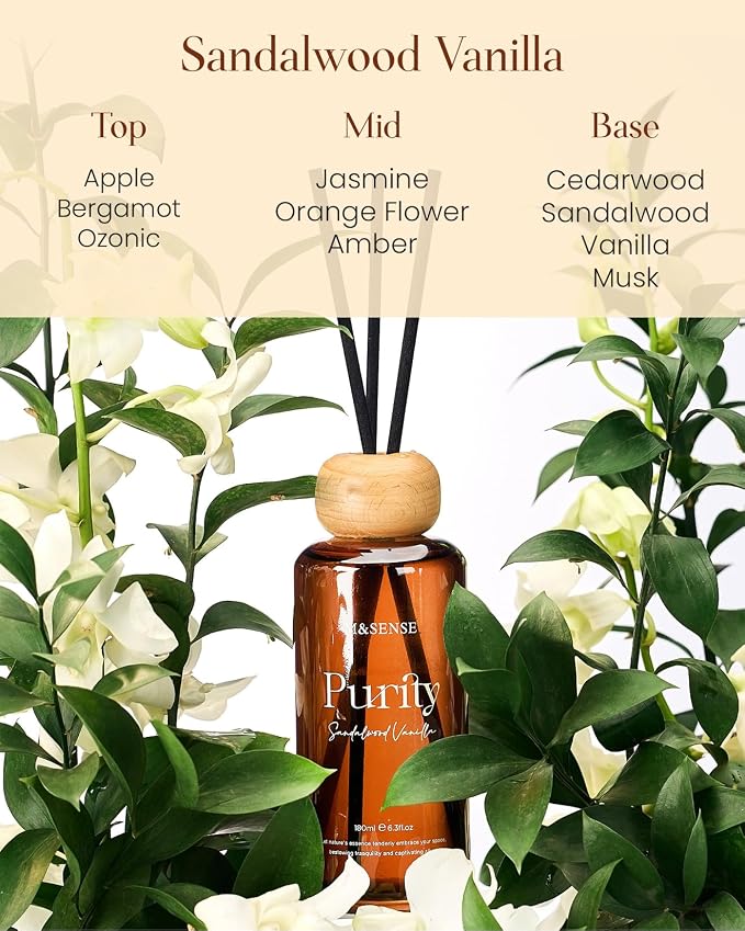 M&SENSE Reed Diffuser, Sandalwood Vanilla, 6.3 oz Natural Essential Oil | Non-Toxic Organic, Long-Lasting Fragrance, Ideal for Meditation Room, Bedroom, Gifts for Women